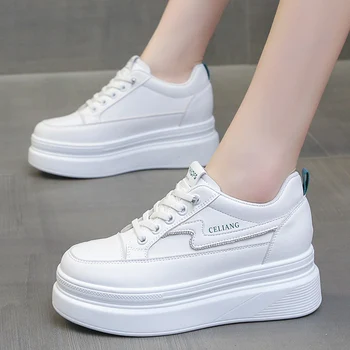 Beyaz PU Deri Tıknaz Ayakkabı Kadın Parlak Kristal Platformu vulkanize ayakkabı Kadın 2023 Sonbahar Dantel-Up Kalın Taban rahat ayakkabılar