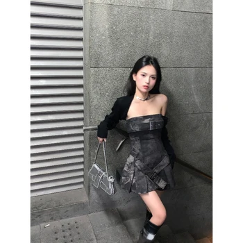 Gothıscyn 2023 Yeni Moda Amerikan Denim kemerli elbise Kravat Boyalı Sutyen Elbise Siyah Seksi Yerleşimi Üst İki Parçalı Set Kadınlar için