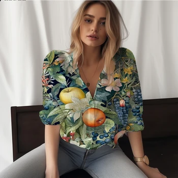 Yaz yeni kadın gömleği meyve 3D baskılı bayan gömlek rahat tarzı kadın gömlek moda trendi yüksek kaliteli bayan gömlek
