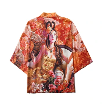 Japon Karga Baskı Kimono Streetwear Yukata Kadın Haori Harajuku Kimono Elbise Hırka Erkekler Kırmızı asya kıyafetleri
