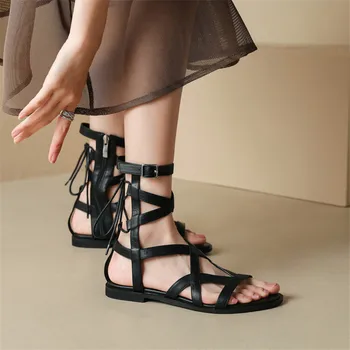 2023 Yaz Sandalet Bölünmüş Deri Yuvarlak Ayak Sandalet Kadınlar için El Yapımı Kadın Sandalet Bayan Ayakkabıları Yan Fermuar Gladyatör Ayakkabı