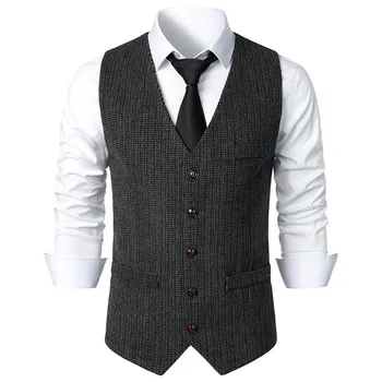 Erkek Takım Elbise Yelek Düz Renk Yelek Erkek Yelek Düz Renk V Yaka Kolsuz Düğme Blazer Artı Boyutu Resmi İş Ceket