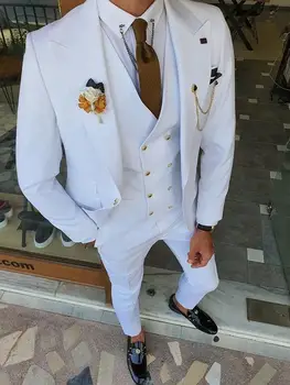 Erkek Takım Elbise Slim Fit (Ceket + Pantolon + Yelek) yakışıklı Beyaz 3 Parça Damat Smokin Düğün Resmi Balo Elbise Parti Akşam Terno