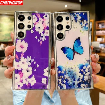 Samsung kılıfı S23 Ultra Kaplama Gümüş Kenar Kelebek Çiçek Yumuşak Silikon Telefon Kılıfları Samsung Galaxy S23 Ultra Artı Kapak