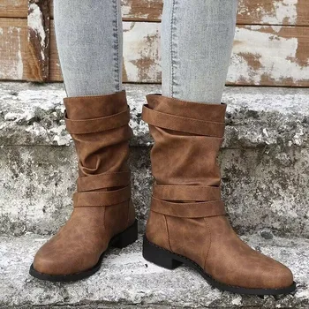 2023 Kış Artı Boyutu Ayakkabı Kadın Slip - on kadın Orta Buzağı Çizmeler Kare Topuk kadın ayakkabısı Kemer Tokası Düşük Topuk Bayan Botları