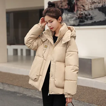 Sonbahar Kış Sıcak Parkas Kadınlar Casual Kapşonlu Aşağı Pamuk Katı Moda Streetwear Kar Mont Gevşek Büyük Boy Kadın Ceketler