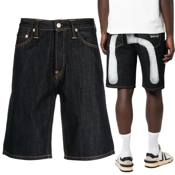 Erkek Baggy Jorts Yaz Streetwear Vintage kısa pantolon Siyah Şort Erkekler Moda Rahat Denim Kot Şort Baskı Gevşek