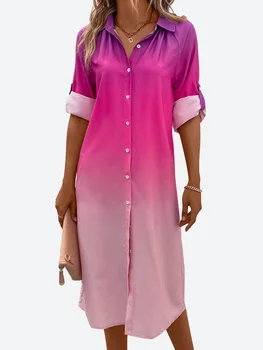 Benuynffy Bayan Batik Gömlek Elbise Bahar Sonbahar Rahat Uzun Kollu y2k Moda Gevşek Düz Midi Elbiseler Bayanlar 2023