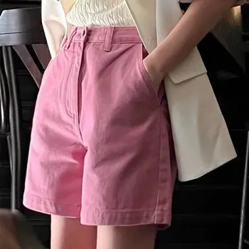 2023 Yaz Pembe Rahat Şort Kadınlar için Yeni Stil Moda Kore Yüksek Bel Gevşek Çok Yönlü Çift Cepler Katı kısa pantolon