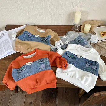 2023 Yeni Sonbahar O-Boyun Kot Çocuk Butik Giyim Tops Ceket Cepler Patchwork Kazak Tüm Maç Moda Retro Tarzı