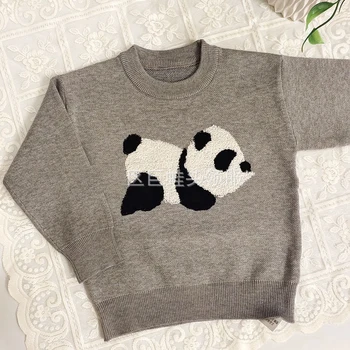 Çocuklar Örgü Kazak 2023 Sonbahar Erkek Kız Sevimli Panda Baskı Kazak Bebek Çocuk Pamuk Dış Giyim Giyim Tops