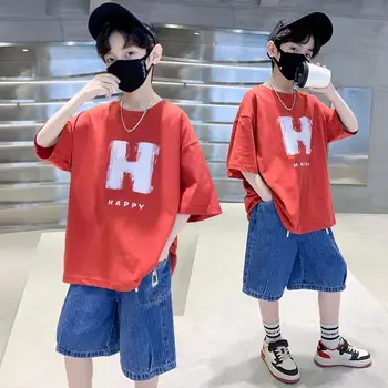 2023 Yaz Genç Erkek T-shirt Gevşek Rahat Kısa Kollu Üst Mektup Baskı O-Boyun Moda Kore 4-12 Yaşında