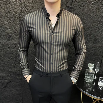Erkek Bahar Yüksek Kaliteli İş Uzun Kollu Gömlek erkek Yaka Slim Fit Çizgili rahat elbise Gömlek erkek Giyim 4XL-M