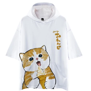 Hayvan Karikatür Sevimli Kedi Yemek Dondurma 3D Hoodies T Shirt Erkek Kadın Hoodie Tops Yaz Kısa Kollu Tees Erkek Kız Kapşonlu T-shirt