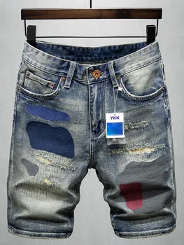 Yaz Mavi Yırtık Kot şort Erkekler Streetwear Casual Geometri Yamalar Slim Fit kısa kot pantolon