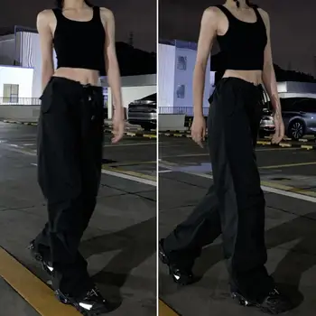 Düz Renk Pantolon Şık kadın Kargo Pantolon Düşük Bel İpli Elastik Bel Geniş Bacak Hip Hop Streetwear Casual bir