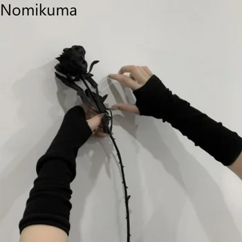 Sonbahar Kış Moda Uzun Parmaksız Eldiven Kadın Örme Çizgili Eldiven kol kapağı Dirsek Sıcak Eldivenler Y2k Gotik Siyah Guantes