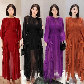 Fransız Tarzı Zarif Fırfır Kenar uzun elbise 2023 Sonbahar Moda Yuvarlak Boyun Uzun Kollu Pilili Elbise Çok Yönlü Düz Renk Kadın