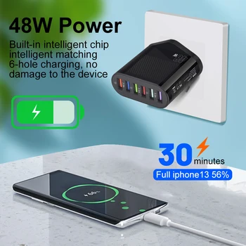 48W 6 Port USB Şarj Cihazı Hızlı Şarj Cep Telefonu Şarj Cihazı iPhone 14 iPad Samsung Xiaomi 13 Pro Huawei Duvar Şarj Adaptörü