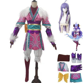 Anime Oyunu LOL Kindred Ebedi Avcılar Cosplay Kostüm Ruhu Çiçeği Peruk Pembe Baskı Etek Kadın Kawaii Karnaval Parti Elbise