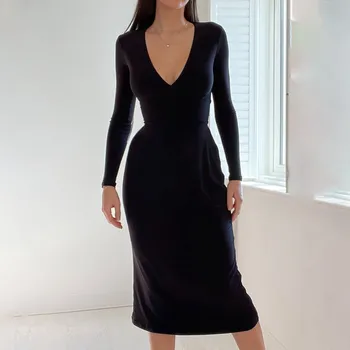 Kadınlar Casual Uzun Kollu V Boyun Bodycon Midi Elbiseler Ofis Bayanlar Siyah Zarif Sonbahar Kış Elbise Parti Kulübü Akşam