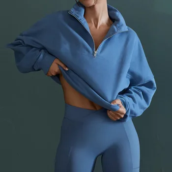 Sean Tsing ® Spor Tişörtü Kadın Uzun Kollu Yarım Fermuar Standı Yaka Katı Hoodies Egzersiz Koşu Spor Gevşek Kazaklar
