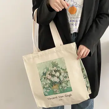 Ekstra Kalın Tuval Kadın omuzdan askili çanta Van Gogh Morris Vintage Yağlıboya Fermuar Kitap Çanta Büyük Tote Kadınlar İçin Alışveriş