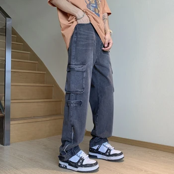 Retro erkek Kargo Kot Düz Moda Streetwear Hip-Hop Dans Gençlik Büyük Cep Pantolon Erkek Düz Kot Pantolon
