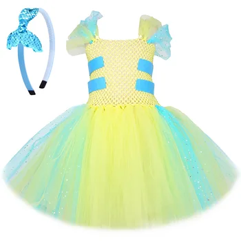 Pisi balığı Balık Tutu Elbise Kızlar için Doğum Günü Kıyafeti Karnaval Cadılar Bayramı Kostümleri Çocuklar için Yürümeye Başlayan Pırıltı Sarı Prenses Elbiseler