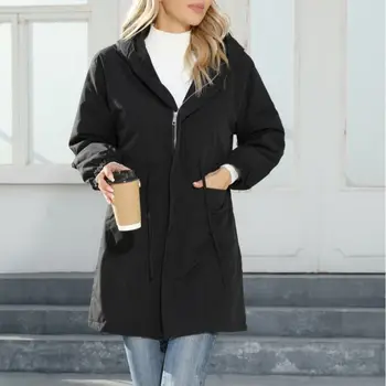 Kadın Siyah Uzun Anorak Ceket 2023 Casual Uzun Kollu fermuarlı kapüşonlu kıyafet Rüzgarlık Trençkot Sonbahar ve Kış Giyim Ceket