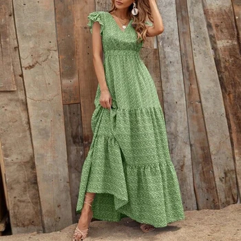 Kadınlar Zarif uzun elbise Bohem Tarzı Çiçek Baskılı Fırfır Maxi Elbise Kısa Kollu Pastoral Tarzı Beachwear Kıyafet
