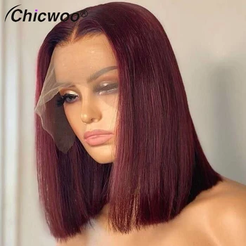 99J Bordo kısa postiç Brezilyalı Remy İnsan Saçı Ombre Renkli 13x4 Şeffaf Dantel Ön Düz Peruk Önceden Koparıp Saç Çizgisi