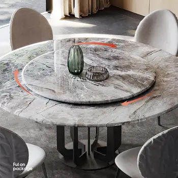 Modern Mutfak Masa Seti Doğal Doku Mermer Masaüstü Siyah Karbon Çelik Çerçeve Yuvarlak Yemek Masaları Pikap Mobilya
