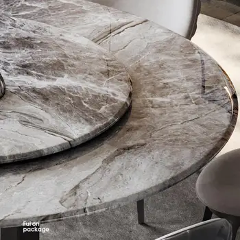 Modern Mutfak Masa Seti Doğal Doku Mermer Masaüstü Siyah Karbon Çelik Çerçeve Yuvarlak Yemek Masaları Pikap Mobilya