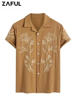 ZAFUL Gömlek Erkekler için Çiçek Bitki Soyut Nakış Turn-aşağı Yaka Kısa Kollu Gömlek Yaz Tatili Üstleri Z5098401