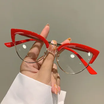 Kedi Gözü Optik Gözlük Kadınlar Metal Yarım Çerçeve Anti Mavi Gözlük Miyopi Reçete Gözlük Çerçeveleri Bayanlar Blu-ray Gözlük