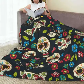 Vintage İskelet Flanel Battaniye Tatil Meksika Çiçek Baskı Yumuşak Sıcak Atmak Battaniye Kanepe Sandalye için Seyahat Baskı Yatak Örtüsü