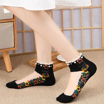 Şeffaf Lolita Çorap Bahar Sığ Ağız İnci Örgü Nakış Çiçekler Çorap Kısa Çorap Çorap Tekne Çorap