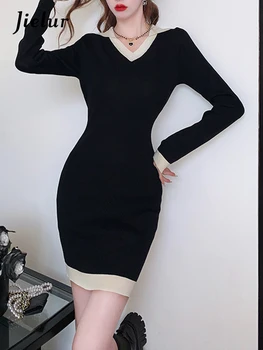Jielur Sonbahar Yeni İnce Seksi Sıkı Kalça Kadın Elbise Tatlı Bayanlar rahat elbise Kadın Siyah V Yaka Uzun Kollu Örme Elbise Kadın
