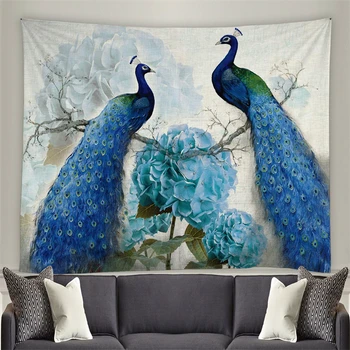 Mavi Tavuskuşu Goblen Güzel Kuş Çiçekler Duvar Sanatı Ev Oturma Odası Yatak Odası Zemin Yurt Başucu Odası Dekor Tatil Hediye