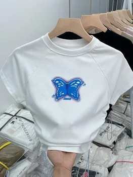 Kadın Grafik Baskı beyaz tişört Y2k Kısa Kollu Tee Üst Kore 90s Vintage Harajuku Estetik Moda Kawaii T Shirt Yaz
