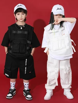 Çocuklar Hip Hop dans kostümü Net Yelek Beyaz / Siyah Pantolon kısa kollu üst Kızlar Caz Performansı Kıyafetler Erkek Streetwear BL10800
