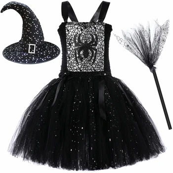 Parlak Kötü Cadı Cadılar Bayramı Kostümleri Kızlar Çocuklar için Pırıltı Siyah Örümcek Cosplay Tutu Elbise Kıyafetler Sihirli Şapka Süpürge