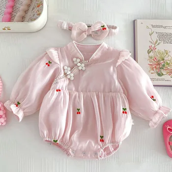 Bebek Noel Romper Uzun Kollu Pembe Nakış Çin Tarzı Cheongsam Prenses 1st Doğum Günü Bebek Kız Giyim