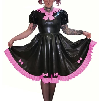 Tiki Tarzı Sahte PVC Deri Puf Kısa Kollu Diz Boyu Pilili Elbise Sissy Parlak Yay Tatlı Denizci Boyun A-line Lolita Elbise