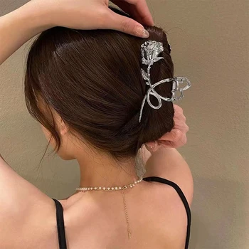 Yeni Metal Gül Kavrama Saç Pençeleri kadın Moda Kabarık saç tokası Köpekbalığı Klip Romantik Gümüş Vintage 3D Çiçek Şapkalar Aksesuarları
