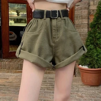 MEXZT Kargo Kot şort Kadın Streetwear Yüksek Bel Geniş Bacak kot şort Yaz Vintage Kore Gevşek Rahat Bir Çizgi kısa pantolon
