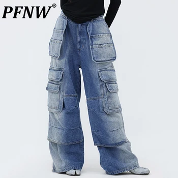 PFNW İlkbahar Sonbahar Yeni erkek Moda İş Giysisi Geniş Bacak Kot Yıpranmış Vintage Yüksek Sokak Çok cepler Degrade Pantolon 28A3604