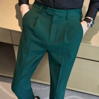 Waffle Tasarım Rahat Seti Pantolon 2023 Sonbahar / Kış erkek Elastik Bel Resmi Klasik Pantolon Yeşil Siyah ve Beyaz Slim Fit Pantolon