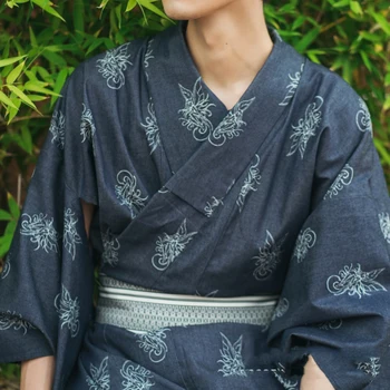 YENİ Stil Japon Geleneksel Samuray Kimono Adam Yukata Bornoz Hekoobi Gevşek Tarzı Sauna Gecelik Kemer Uzun Elbise